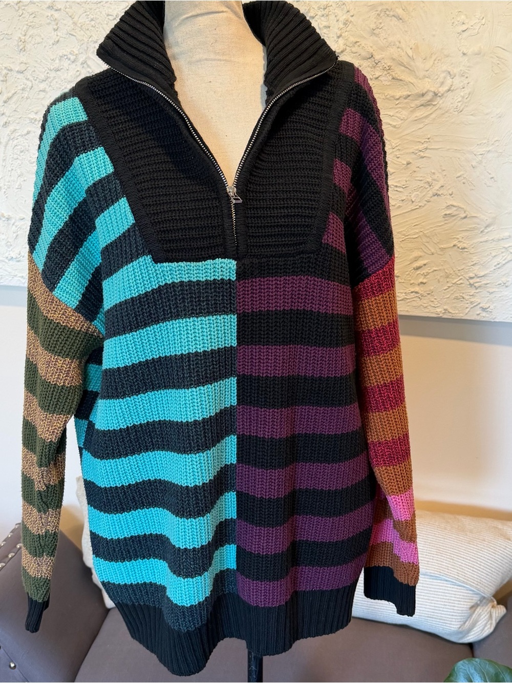 Staud Women’s Multicolored Mosaic Stripe Hampton Chunky Knit Sweater Sz Small - Picture 3 of 10